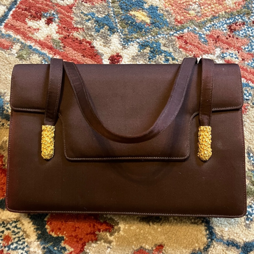 Prestige brown satin vintage handbag with little handmirror